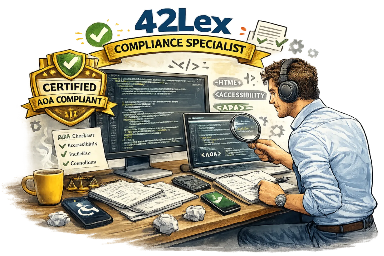 A confident business owner presenting a certified compliant, accessible website asset