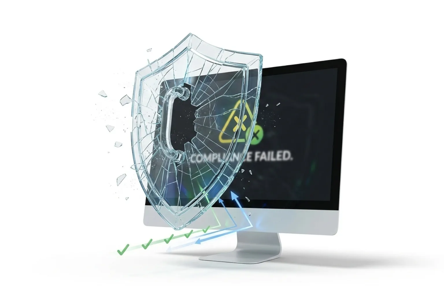 A conceptual 3D render of a fragile glass shield over a computer screen, symbolizing the false security of accessibility overlays.