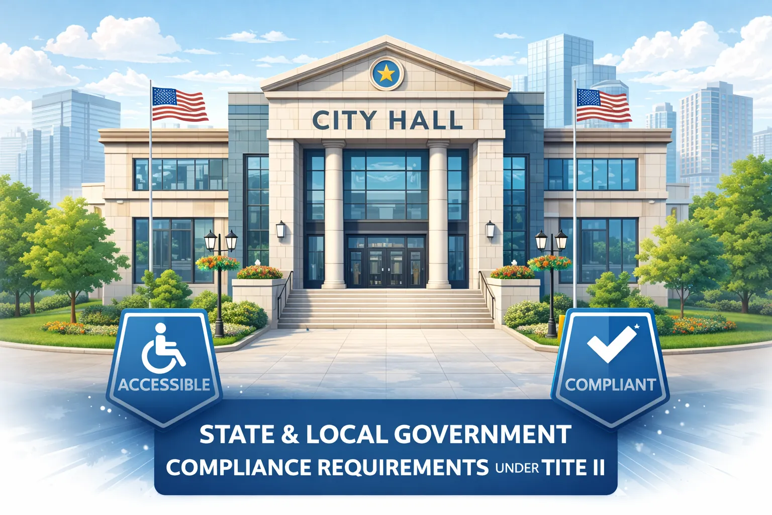 A modern city hall building representing state and local government compliance requirements under Title II.