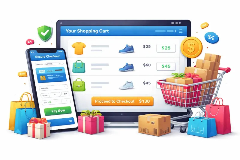 E-commerce shopping cart and checkout screen