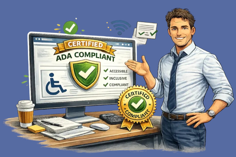 Confident business owner presenting a certified compliant website